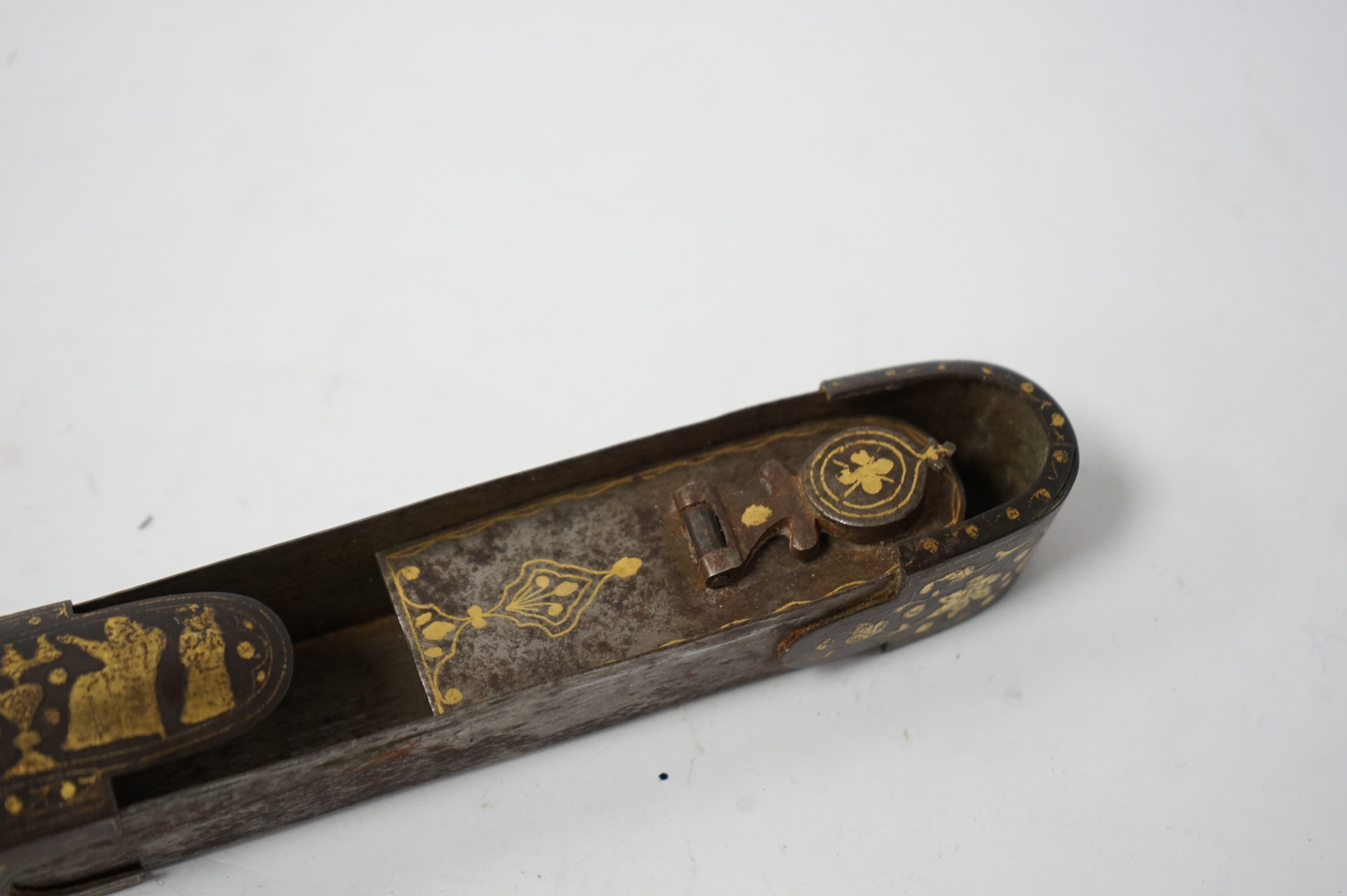 A 19th century Persian damascened iron scribe's box, galamdan, 21.5cm long. Condition - good